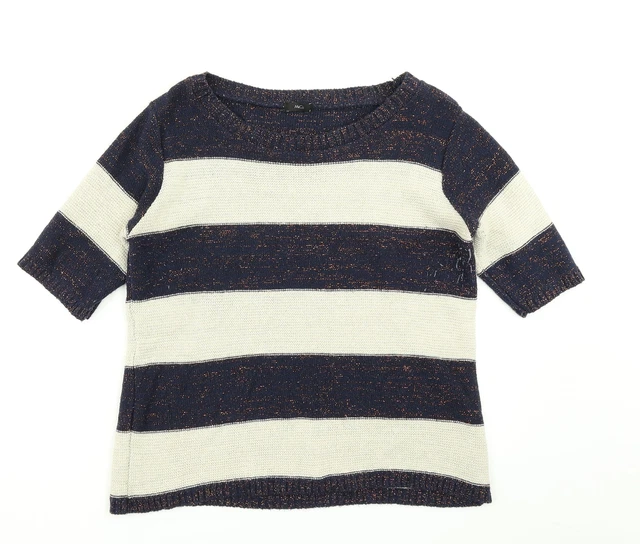 M&Co Womens Beige Boat Neck Striped Cotton Pullover Jumper Size M