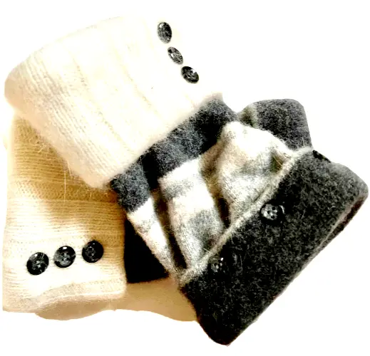 Fingerless Gloves Gray Ivory Angora Wool Xl Extra-Large Mittens Striped Women's