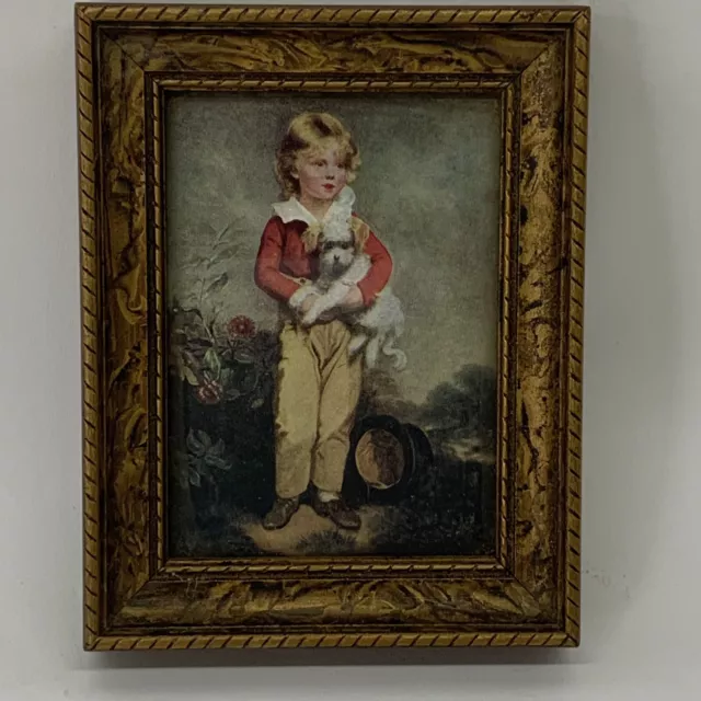 Boy With top hat And Dog Fancy  Framed Behind Glass Vintage 10 X 13cm