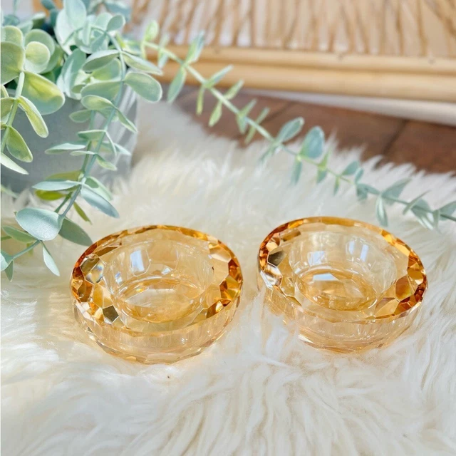 Vintage Oleg Cassini Crystal Votive Candle Holders Set 2 Faceted Honey Signed
