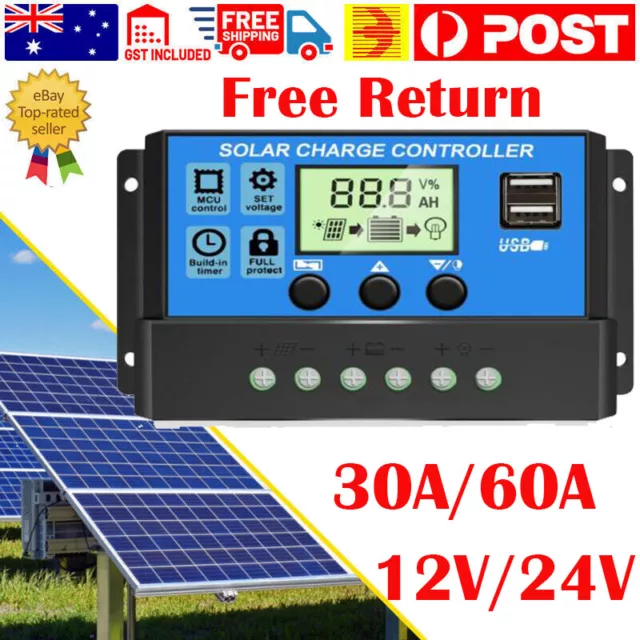 Solar Panel Charge Controller Regulator 12V/24V auto 2 USB Battery Free Returns