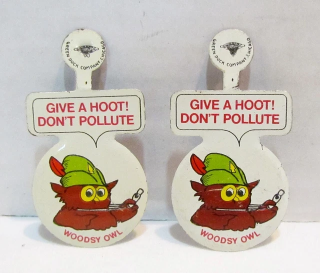 WOODSY OWL TIN LITHO TAB PIN BUTTON PAIR GIVE A HOOT! DON'T POLLUTE 1970's