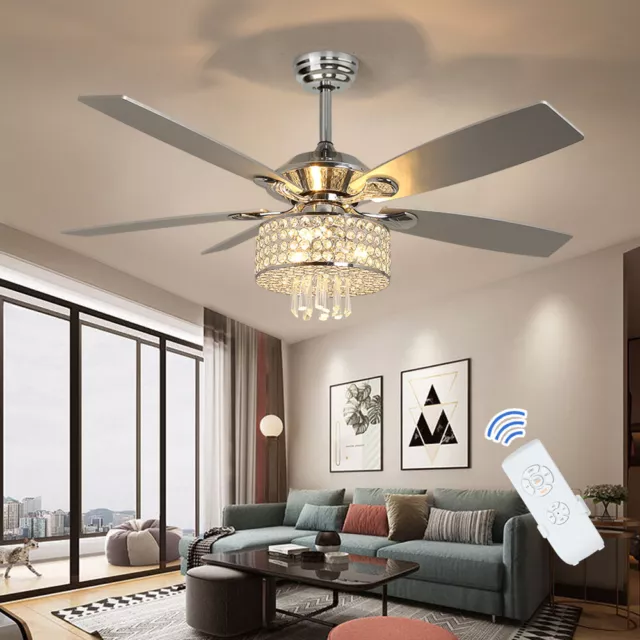 Depuley 52" Crystal Ceiling Fan with Lights Modern Chandelier Chrome Ceiling Fan