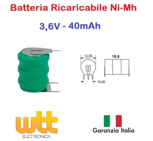Batteria ricaricabile NI-MH 3,6V 80mAh circuito stampato 15,5x18,5x10
