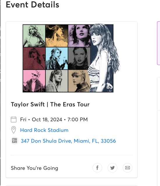 2 TAYLOR SWIFT Tickets The Eras Tour Miami, FL 10/18 Sec 244, Row 11