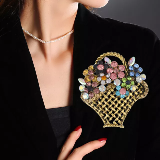 FLOWER BASKET BROOCH Pin Rhinestone Spring Summer Gold Tone Costume Jewelry