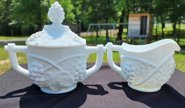 Larger Milk Glass Cream And Sugar Grapevine Heavy