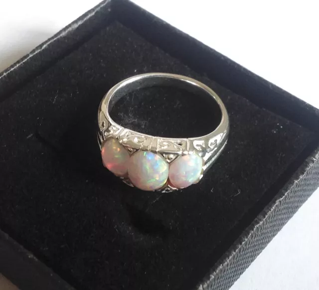 STERLING SILVER Fire Opal 3 stone set ring Edwardian style size ' 9