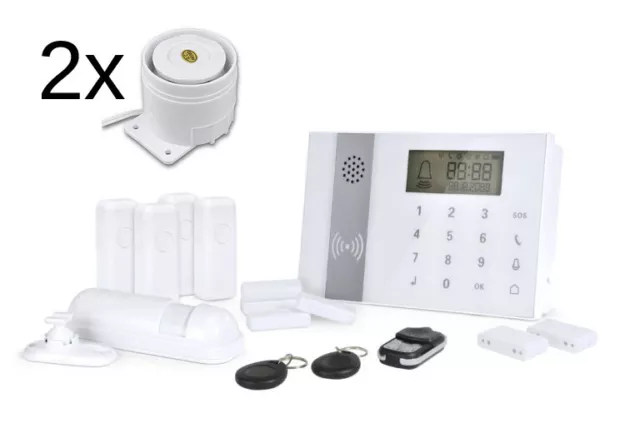 Alarmanlagen-Set Drahtloses GSM Alarmanlage Hausalarm + 2x externe Sirene, weiss