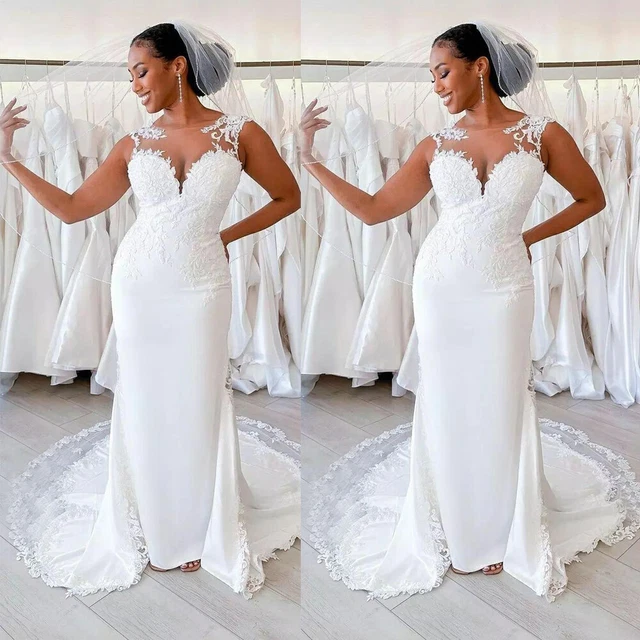 Lace Mermaid Wedding Dresses Satin Scoop Neck Scoop Neck Bridal Gowns Sleeveless