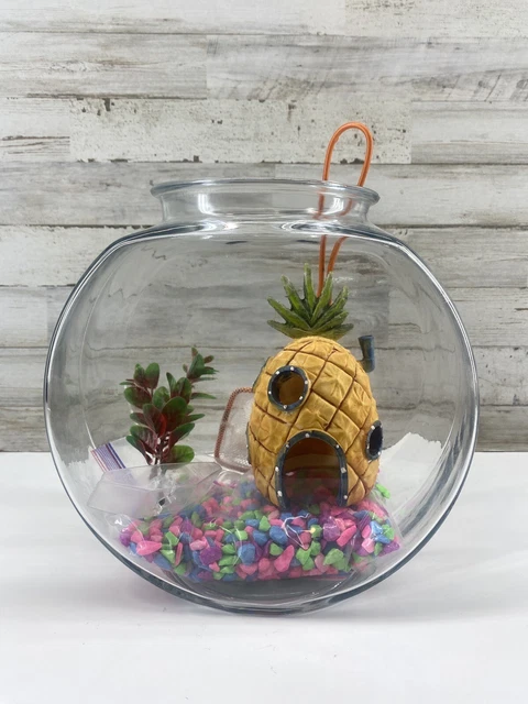 Glass Fishbowl Tank Aquarium,  2 Gallon, Gravel, Plant, and SpongeBob Home