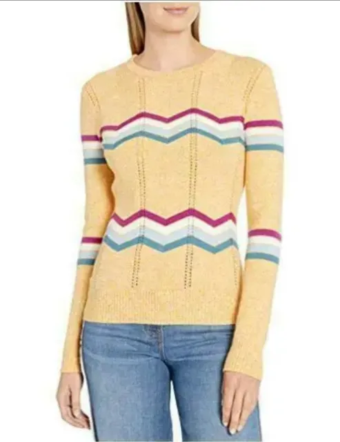 Jessica Simpson Cora Zig Zag Printed Knit Long Sleeve Crew Neck Gold Sweater M