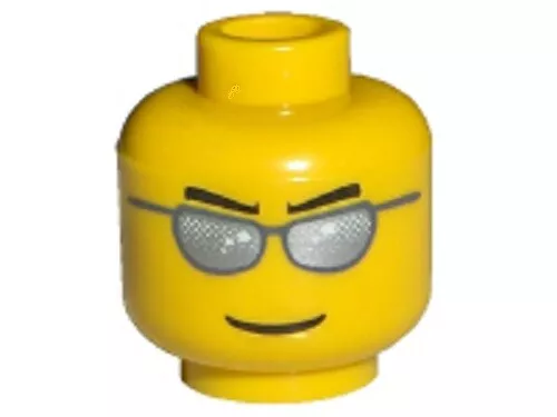 Lego EUC Yellow Minifigure Head Silver Aviator Glasses Black Eyebrows EUC H001