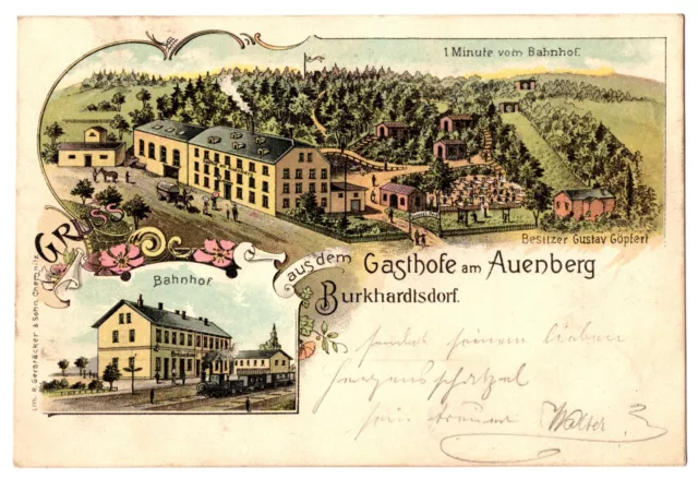 1899, AK, Burkhardtsdorf, Gruss aus dem Gasthofe am Auenberg, Bahnhof, Bahnpost