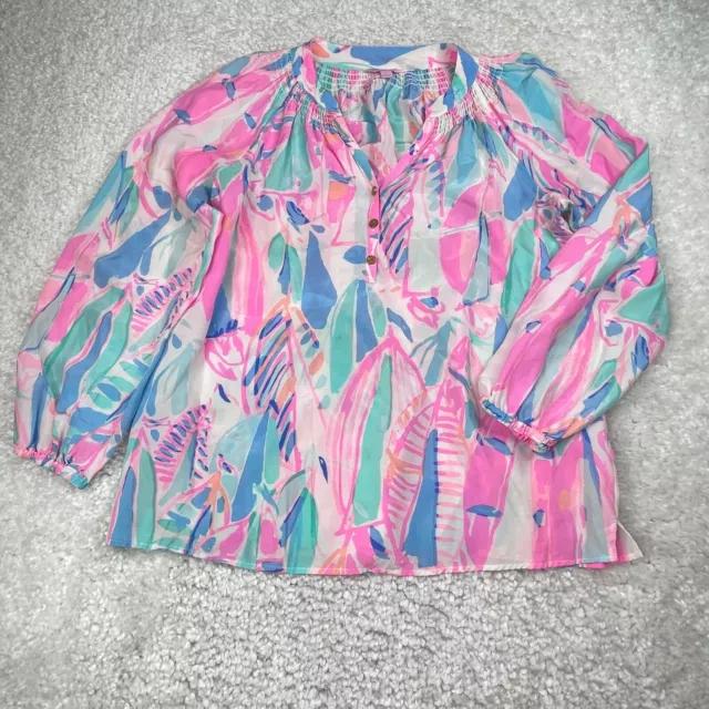 Lilly Pulitzer Elsa Silk Blouse Top Out Tom Sea Pink Blue Boats Womens Medium