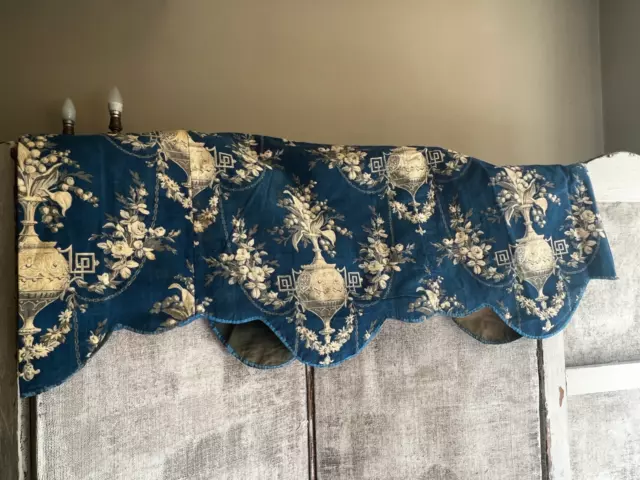 Antique Fabric. French ToilePanel Pelmet. Vintage Blue Textile, Floral Garlands