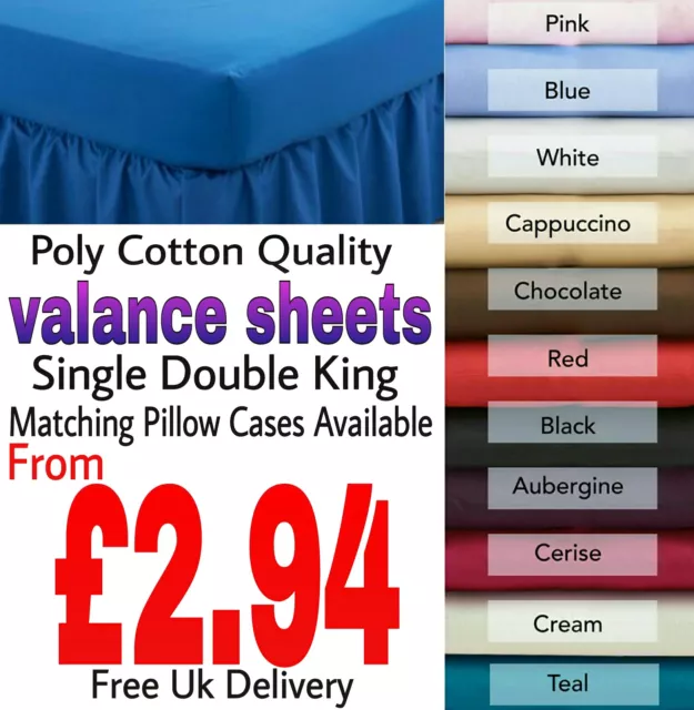 Plain Dyed Polycotton Fitted Valance Bed Sheets Single/Double/King/Pillow Cases