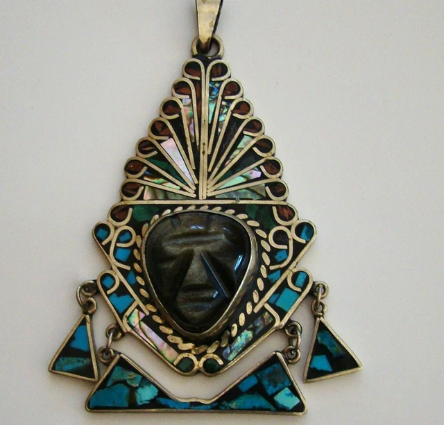 Large Aztec Mayan Carved Black Onyx Face Turquoise Sterling 925 Pendant