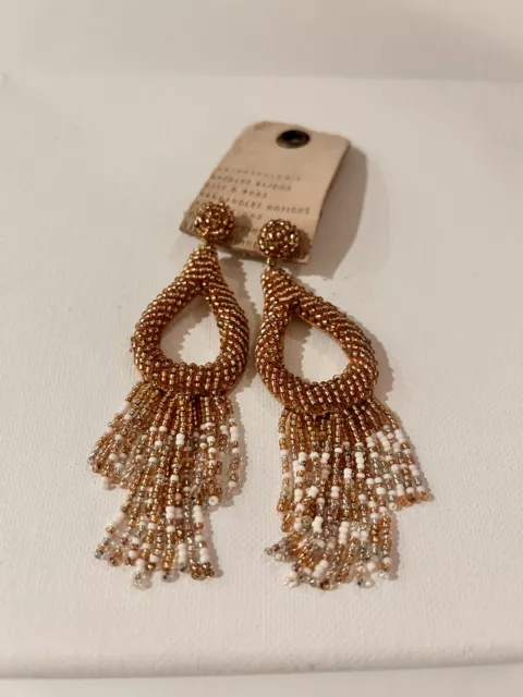 Earrings Anthropologie Gold Sparkle Beads Tear Drop Strands Dangle Post Nwt $128