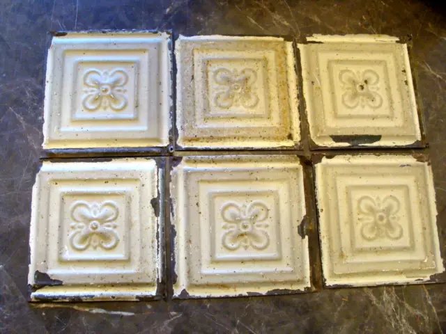Lot of 6 Antique Tin Ceiling Tiles 6"x6" original patina tan color Circa 1900