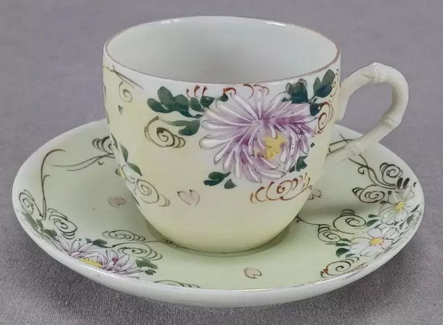 Japanese Tashiro Hand Painted Purple Floral & Yellow Demitasse Cup & Saucer