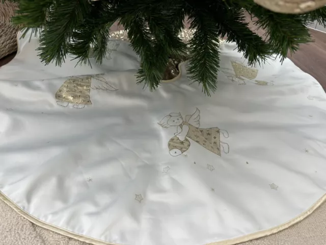 Luxury Christmas Embroidered Quilted Tree Skirt Cream, Gold, Angel. Large 120 cm