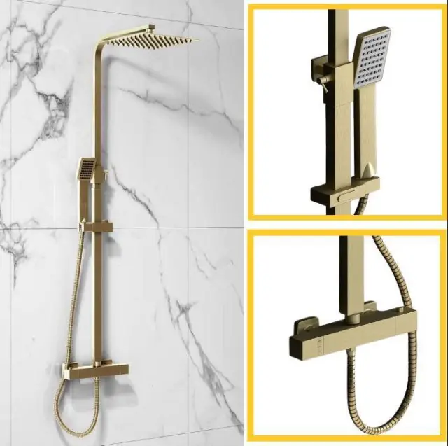 Brushed Brass Square Thermostatic Bar Complete Mixer Shower Adjustable Overhead