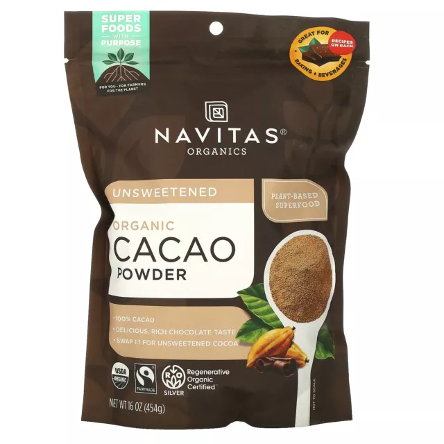 Navitas Organics Organic Cacao Powder 16 oz 454 g B Corp, BPA-Free, Fair Trade,