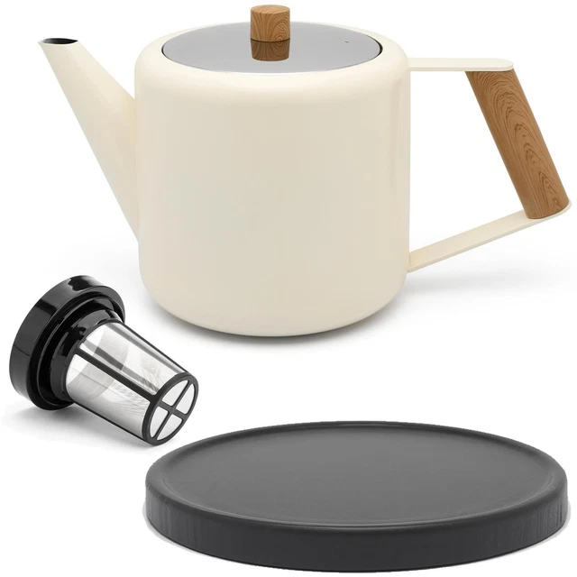 cremeweiße doppelwandige Edelstahl Teekanne 1.1 L Filter Holzuntersetzer schwarz