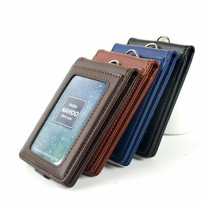 ID Badge Holder Genuine Leather Business Case Card Name Tag Retractable Lanyard