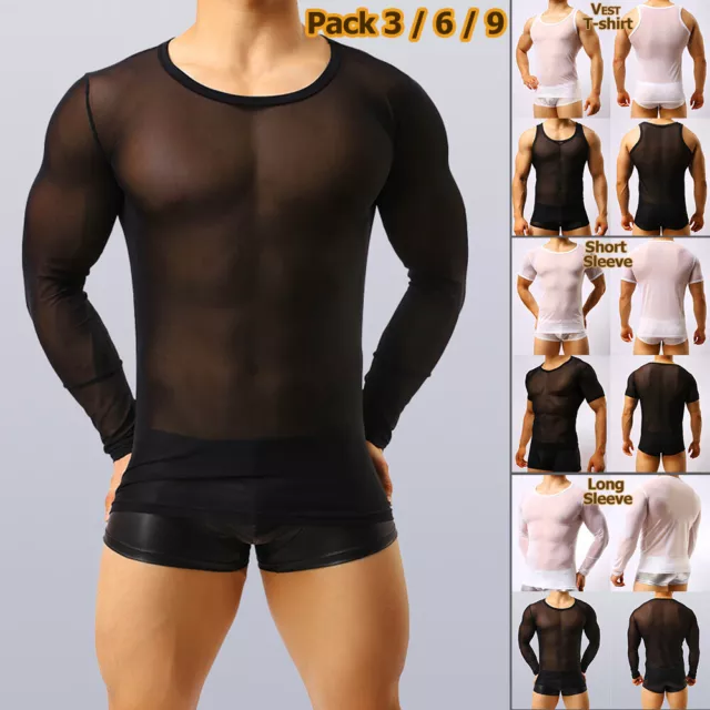 Sexy Mens Mesh See Through Vest Tops T-Shirt Boxer Briefs Muscle Underwear PJS