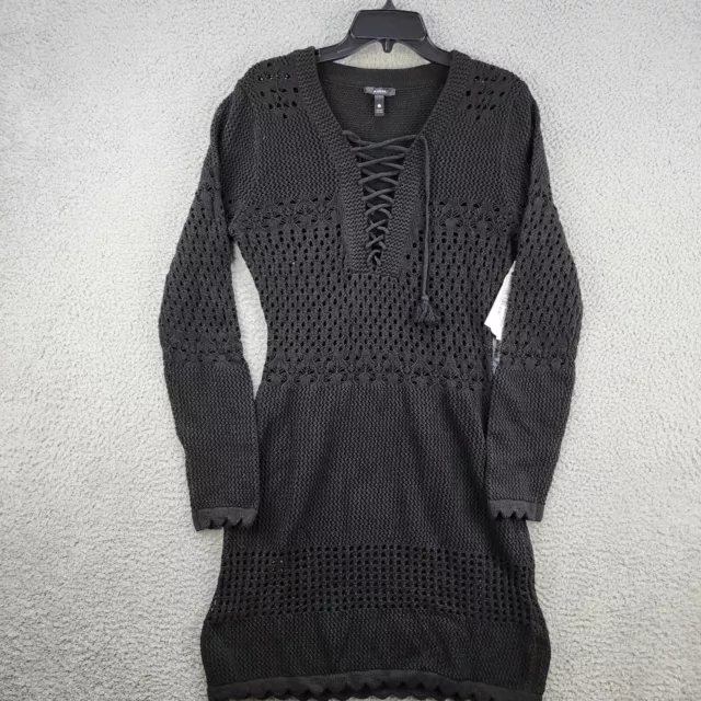 Aqua Crochet Lace up Mini Dress Women's XL Black Solid Long Sleeve Pullover +