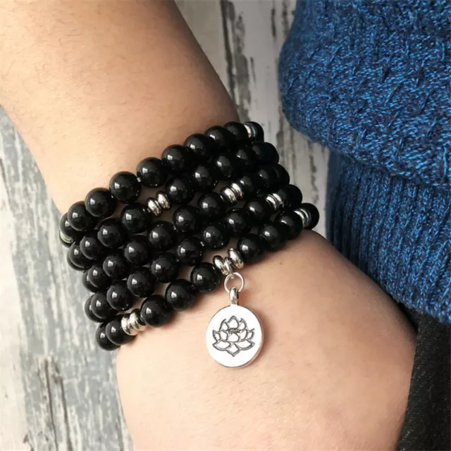 8MM 108 Black Onyx Buddha beads Silver Pendant Bracelet Handmade energy Buddhism