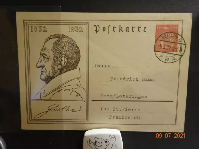 DR Ganzsache P214 Goethe gel. 1932 von Berlin nach Metz Lothringen