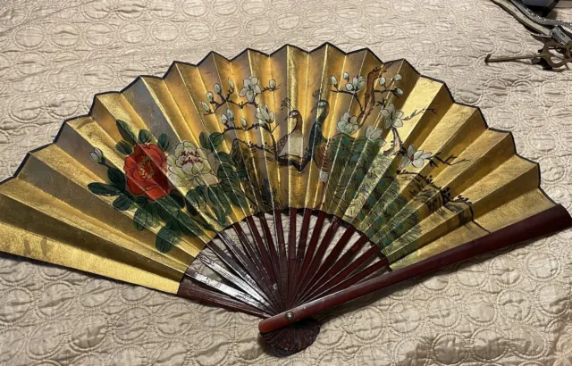 Large Japanese hand-painted wall fan, Peacocks 30"