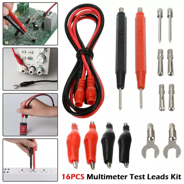 16* Digital Multimeter Probe Test Lead Kit Cable Alligator Clip Needle Tip 2