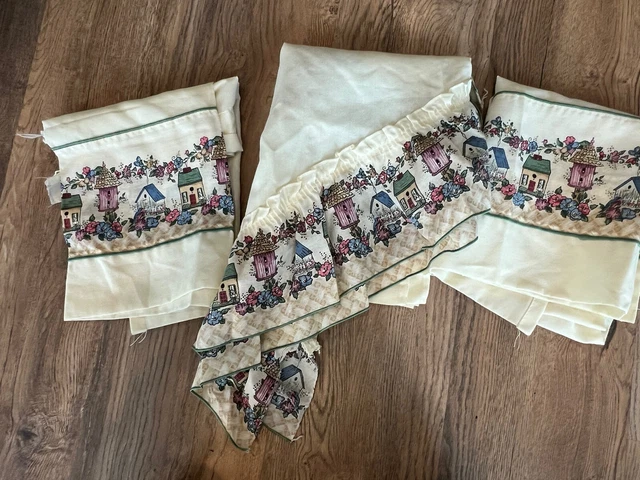 Vintage Curtain Set Birdhouse Boutique Rod Pocket USA white ruffles kitchen cafe