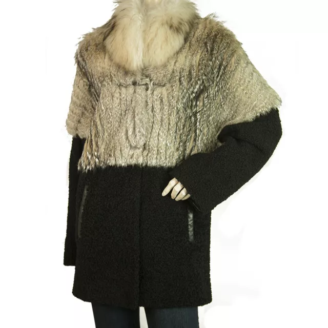 Jo Peters Beige Racoon Fox Fur Black Wool Fabric Coat Jacket size S, superb