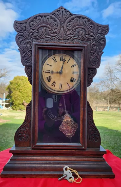 Antique Mantle WM L Gilbert Clock Capitol w/Key, Pendulum Swings, Gongs 23x14x4"