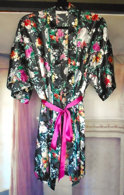 Vintage Val-Mode Valmode Short Satin Kimono Robe Floral Print Pink Belt S Small