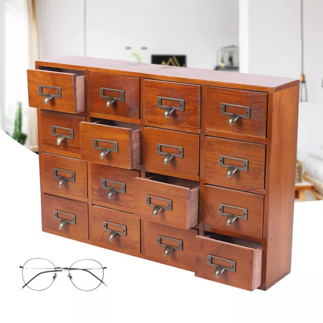 Vintage Library Desk Drawer Organizer -Tabletop Wooden Storage Box w/ 16 Drawers