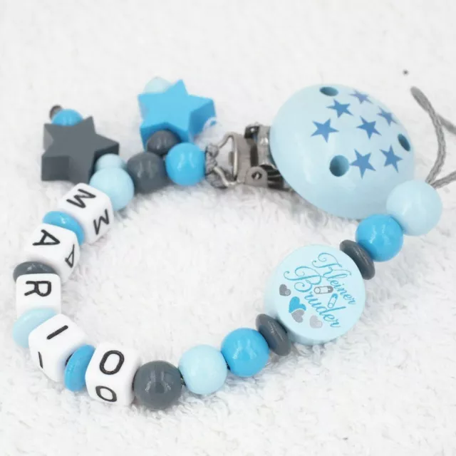 Schnullerkette mit Namen kleiner Bruder Junge Nuckelkette Babygeschenk blau grau