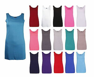 Womens Scoop Neck Sleeveless Ladies Long Stretch Plain Vest Strappy T-Shirt Top