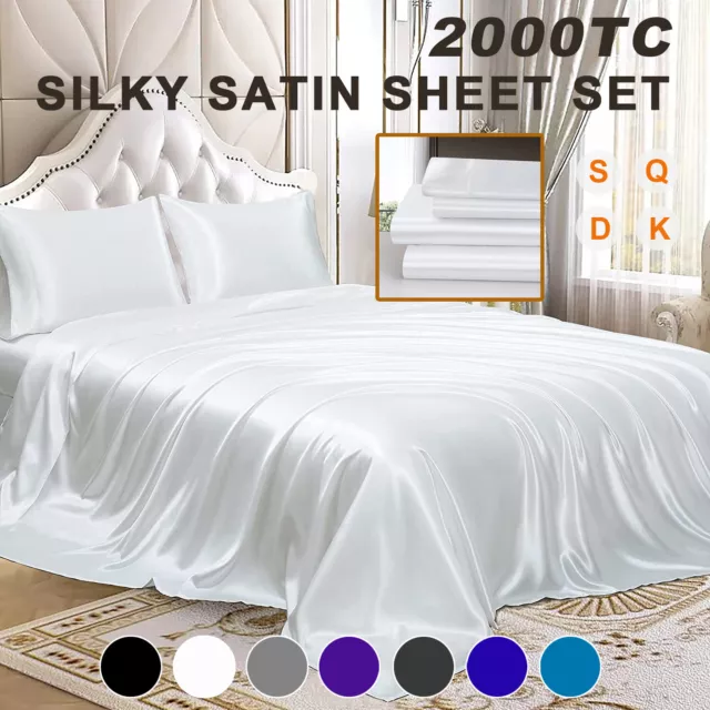 2000TC Silky Satin Sheets Fitted Flat Bed Sheet Set Pillowcases Summer All Size