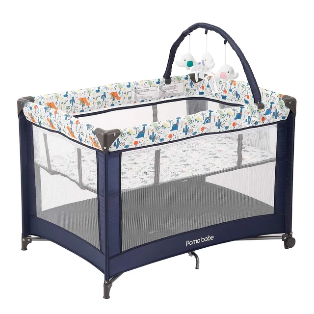 Portable Sturdy Play Yard with Mattress and Toy bar with Soft Toys Blue Color
