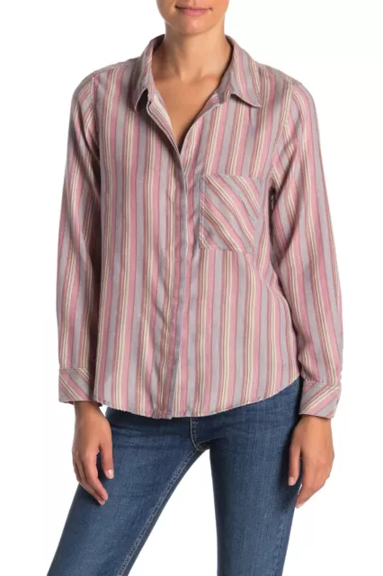 SUSINA Womens Size Medium Long Sleeve Curved Hem Shirt Button Down Striped NEW