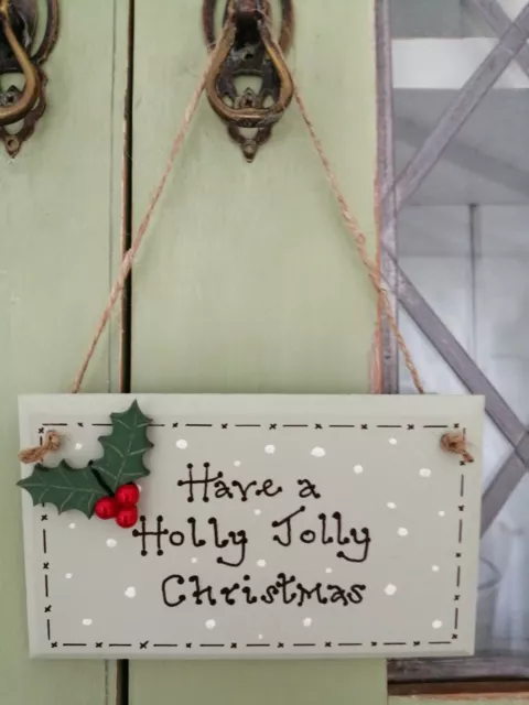 * Handmade Holly Jolly Christmas Plaque Gift Present Shabby Chic *