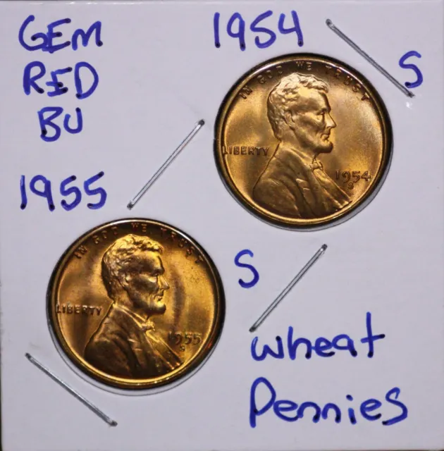 1954 S & 1955 S  Lincoln Wheat Cent Pennies 1C Red Gem Bu Set (2 Coins)