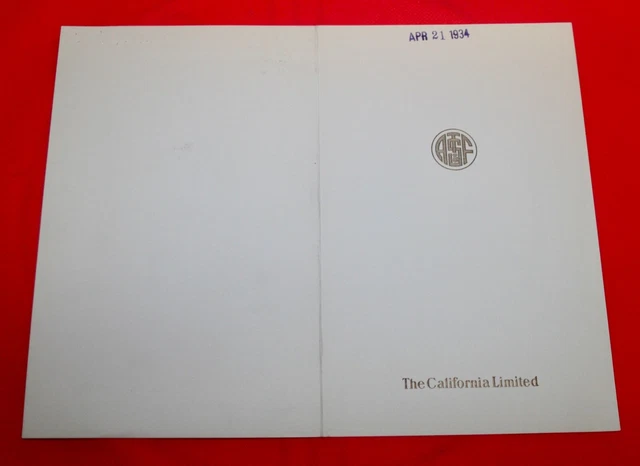 April 21, 1934 - ATSF The California Limited Fred Harvey Dining Car Menu