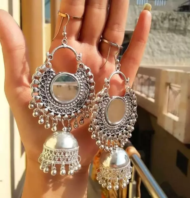 Jhumka Indian Earrings Oxidized Bollywood Jewelry Silver Women Pretty Set M-13